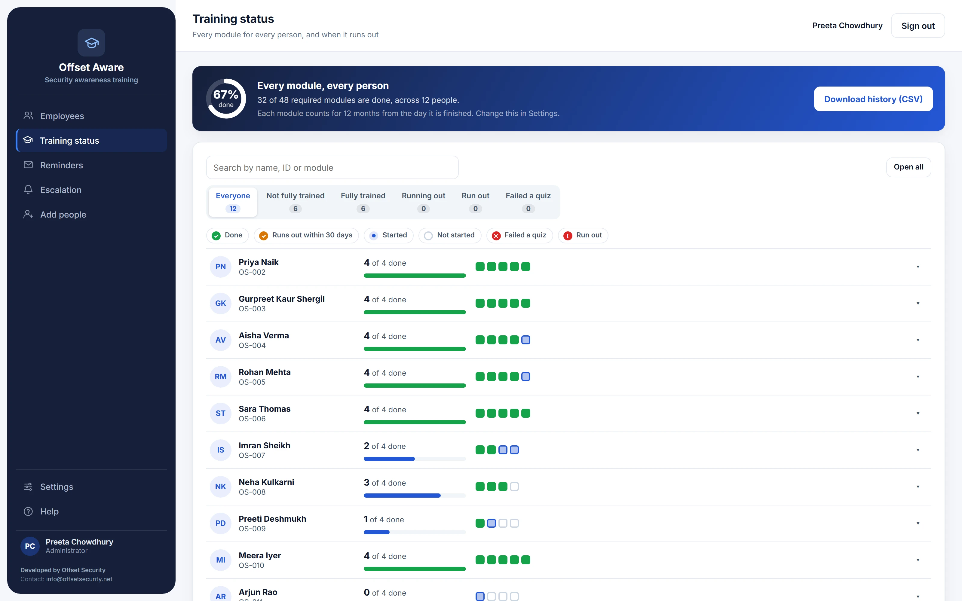Offset Aware: Training status